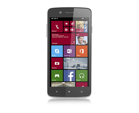 Introducint the Prestigio MultiPhone 8500 DUO Windows Phone, seen on stage at the Microsoft Computex Keynote 2014.