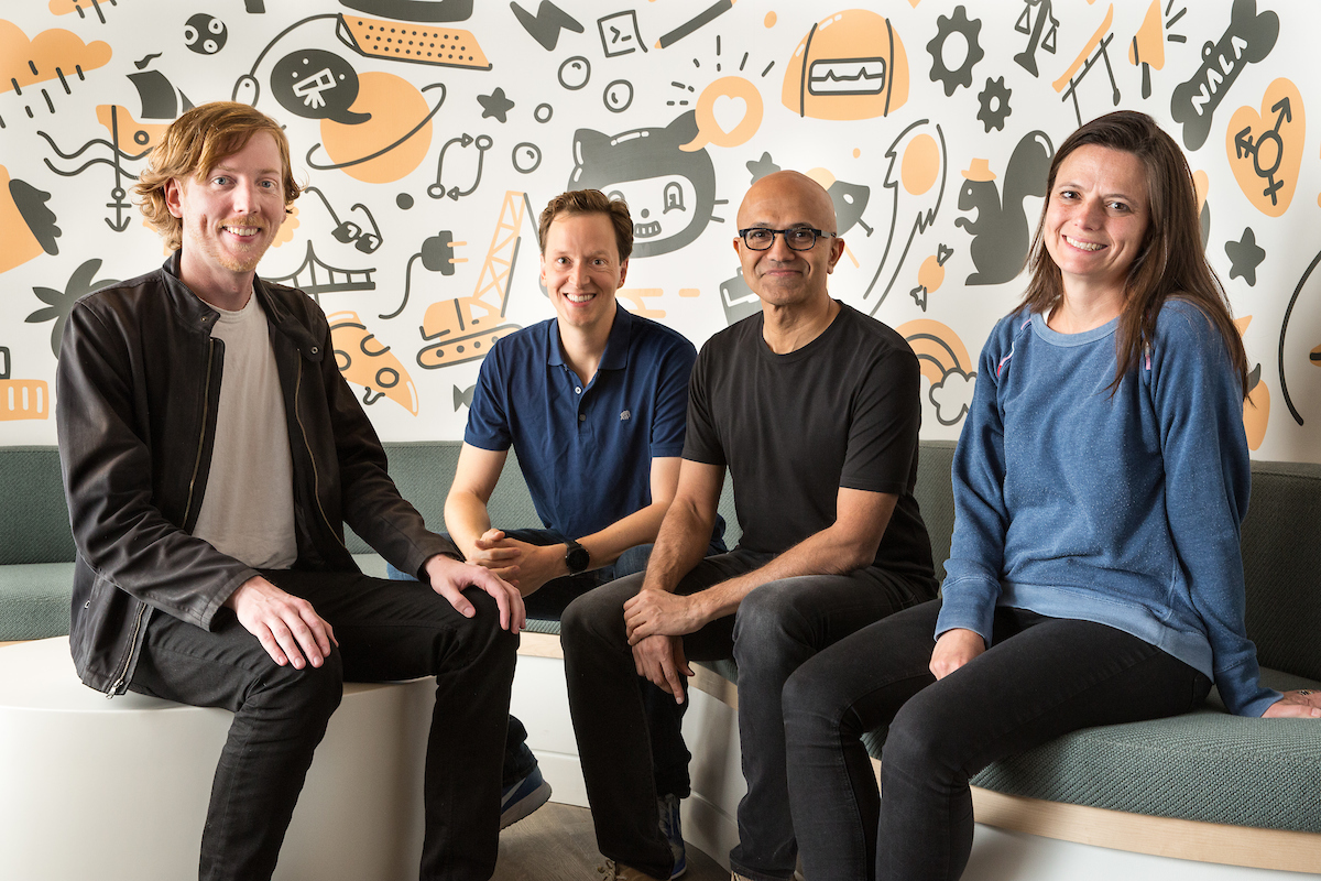 Chris Wanstrath (left), Github CEO and co-founder; Nat Friedman, Microsoft corporate vice president, Developer Services; Satya Nadella, Microsoft CEO; and Amy Hood, Microsoft Chief Financial Officer.