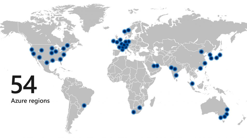Map shows 54 dots around the world and is labeled "54 Azure regions"