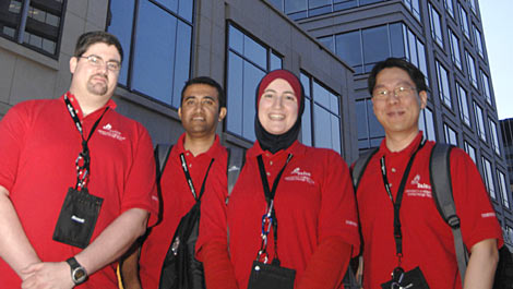 University of Houston’s team Ifrit Salsa stands outside the Microsoft building in Washington D.C., after being welcomed to the U.S. Imagine Cup Finals. Pictured from left are Daniel Biediger, Arifur Sabeth, Alaa Gharandoq, and mentor Chang Yun.