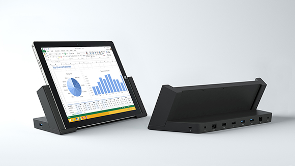 Take productivity to the next level with Docking Station for Surface Pro 3. Just click Surface Pro 3 into the dock to go from tablet to full desktop PC. With a gigabit Ethernet port for up to 1Gbps wired network speeds, Mini DisplayPort for HD video of up to 3840x2600 resolution, and five USB ports — three USB 3.0 ports and two USB 2.0 ports — you have everything you need to attach an HD monitor, wired network connection, audio system, external mouse and keyboard, printer, and more. And with a 48W charging system, you can work and run or charge your favorite accessories and still have ample power to charge Surface Pro 3. 