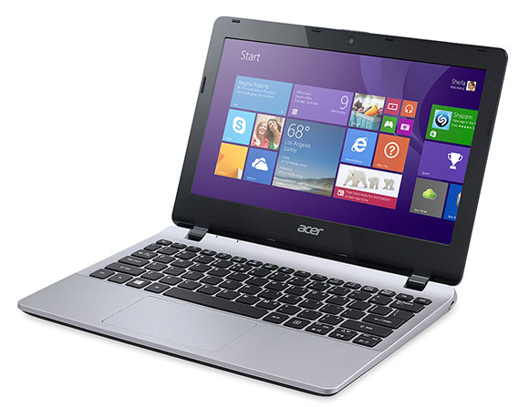 Acer presents the new Aspire V11 Windows-based laptop with touch screen, seen on stage at the Microsoft Computex keynote 2014.