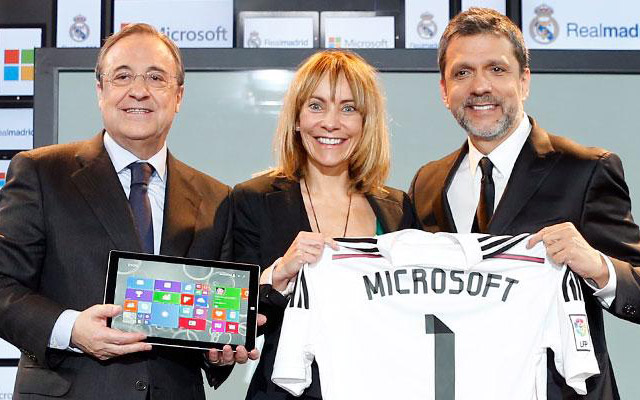 Left to right: Real Madrid President Florentino Perez, Microsoft Country Manager of Spain Maria Garaña and Microsoft Corporate Vice President and Chairman, Emerging Markets, Orlando Ayala.