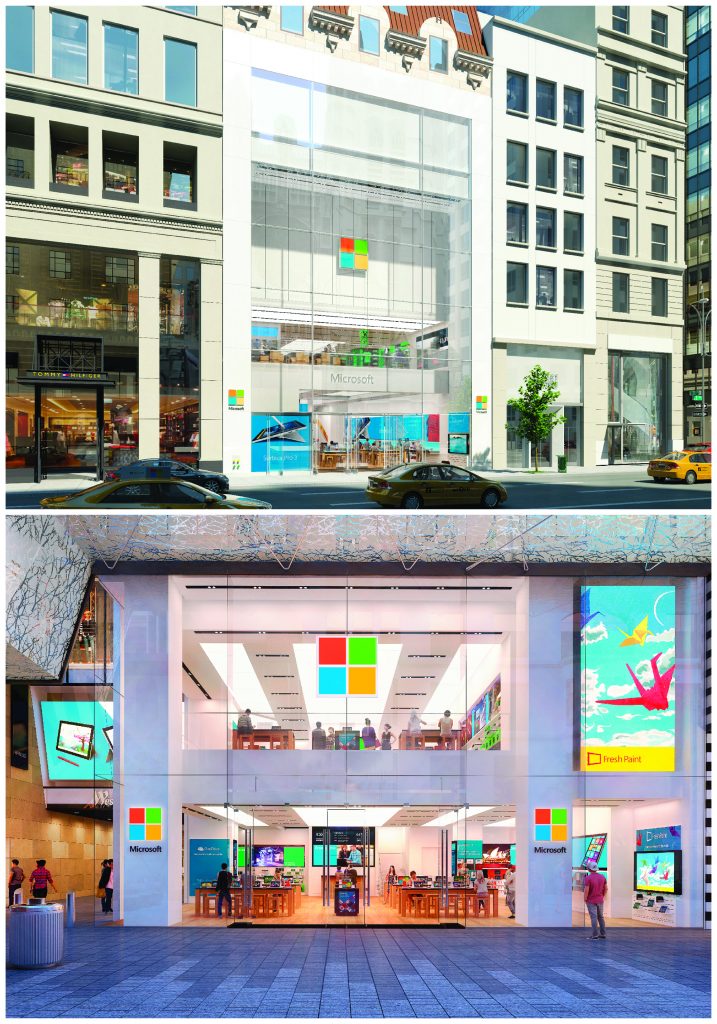 Renderings of Microsoft’s first flagship stores – Fifth Ave. in NYC (top), Pitt Street Mall in Sydney (bottom).