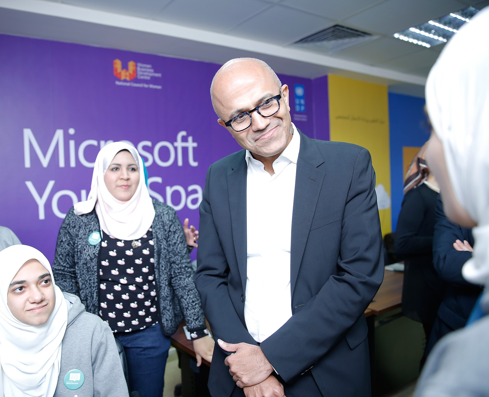 Microsoft CEO Satya Nadella visits the Microsoft Social Innovation Hub at the National Council for Women in Cairo. 