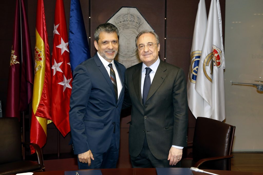 Orlando Ayala, chairman of Emerging Markets at Microsoft, left, with Florentino Pérez, Real Madrid Foundation president, in Spain. 