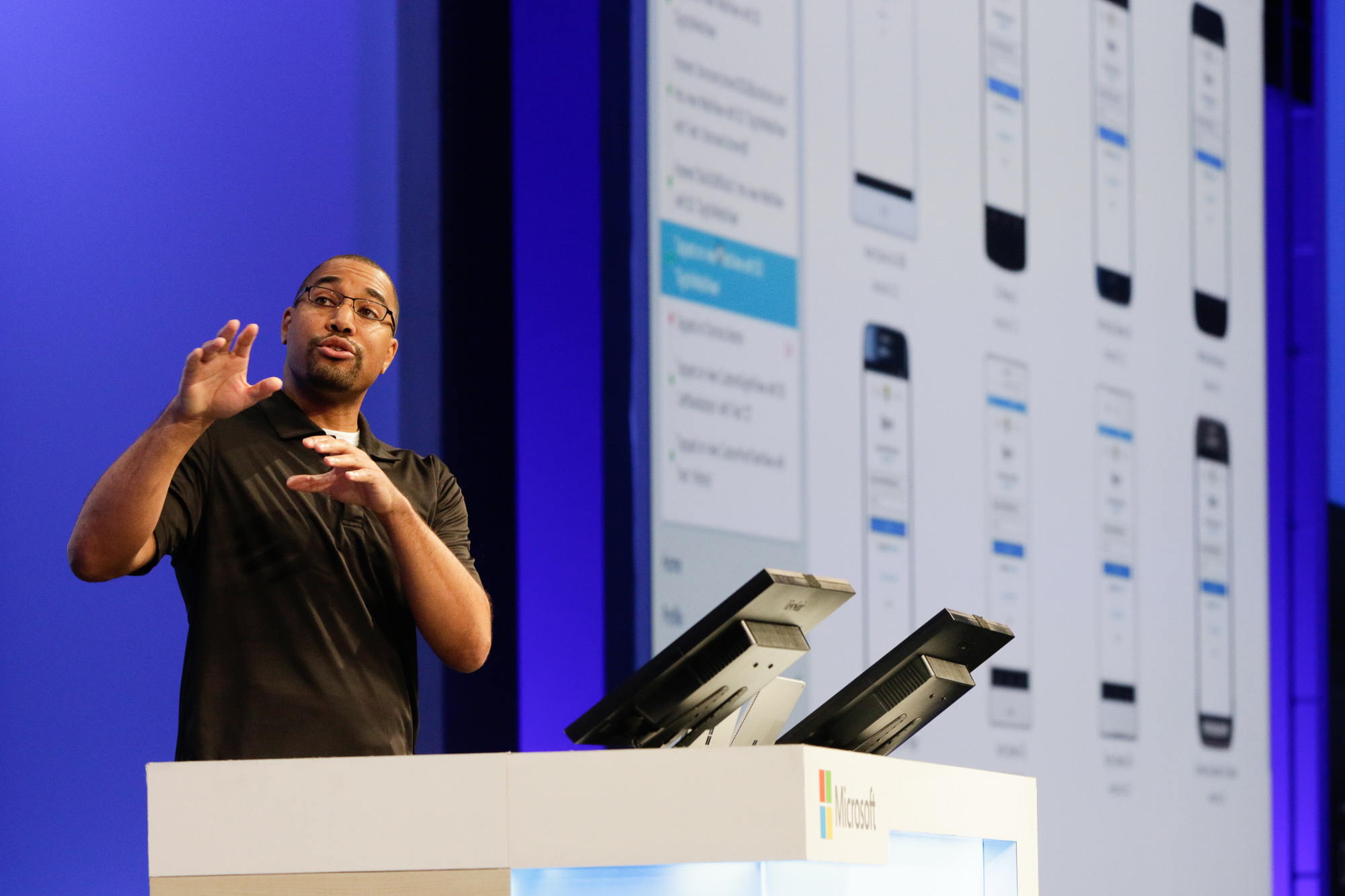 Donovan Brown speaks on stage at Microsoft's Build 2016 conference