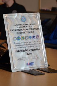 Photo of silvery plaque with the words Microsoft Corporation 2016