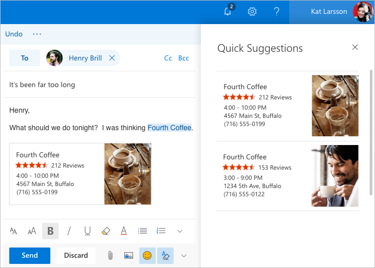 Screenshot of Outlook.com beta "Quick Suggestions" feature 