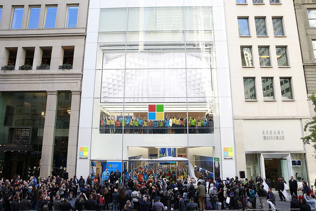 Crowd outside Microsoft Store on Fifth Avenue in New York City