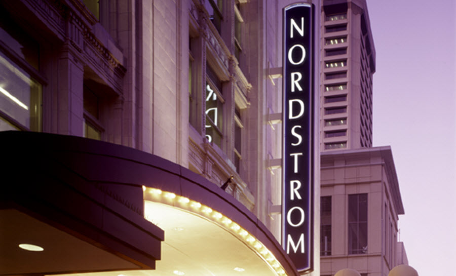 A Nordstrom sign outside a Nordstrom store. 