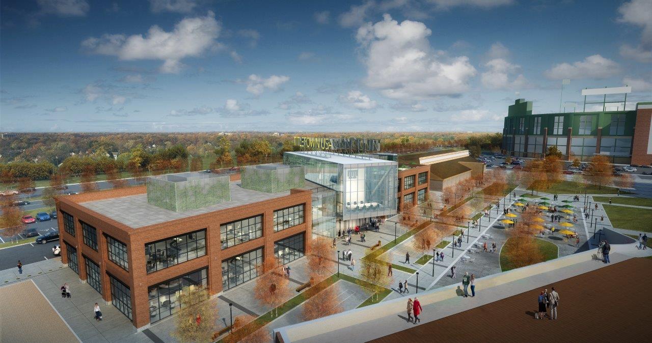 Rendering of the building where TitletownTech will be hosted, within the Titletown District next to Lambeau Field.
