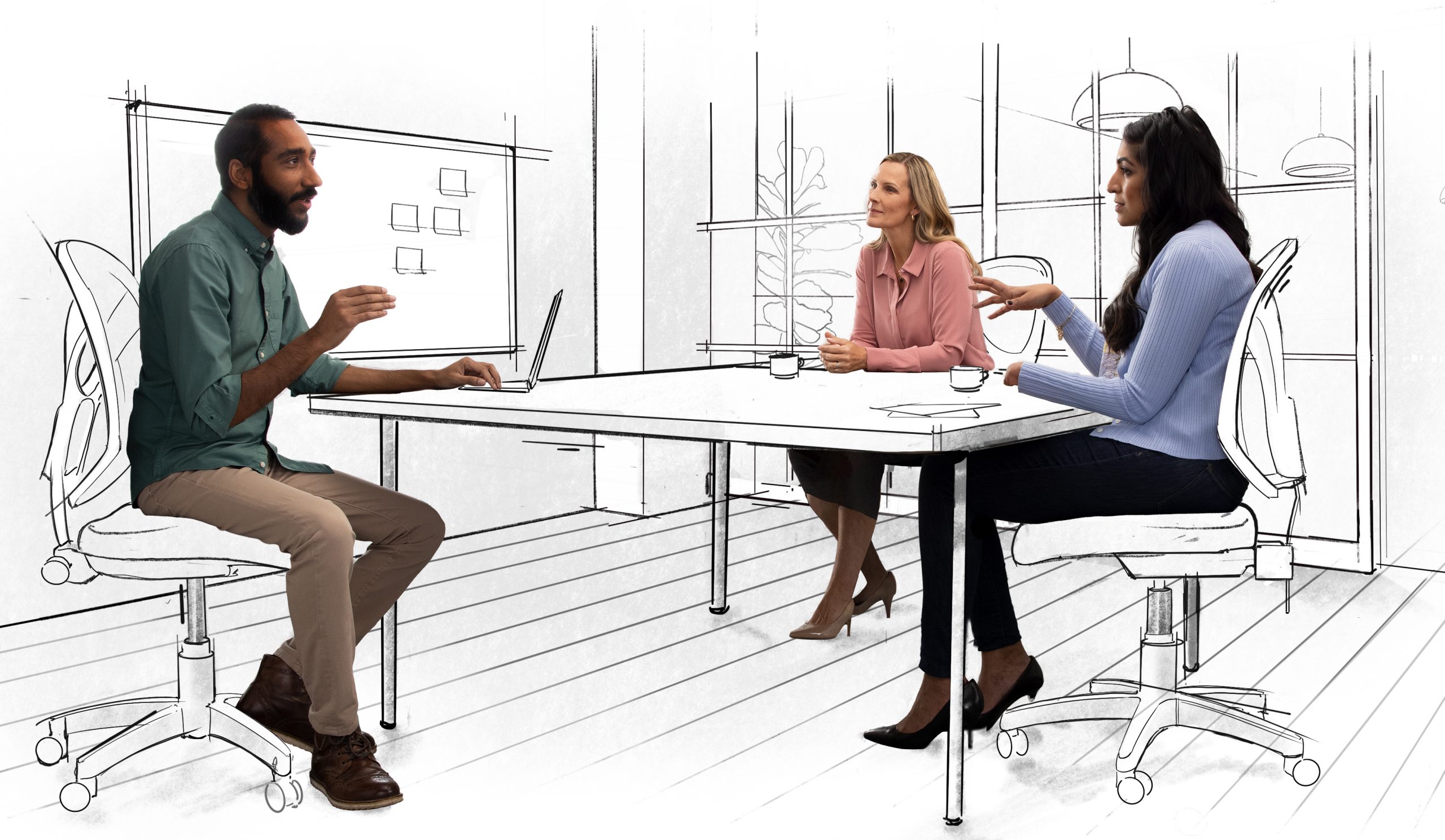 Three people in meeting room