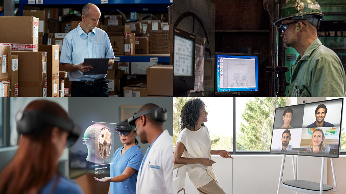 Four photos showing people working