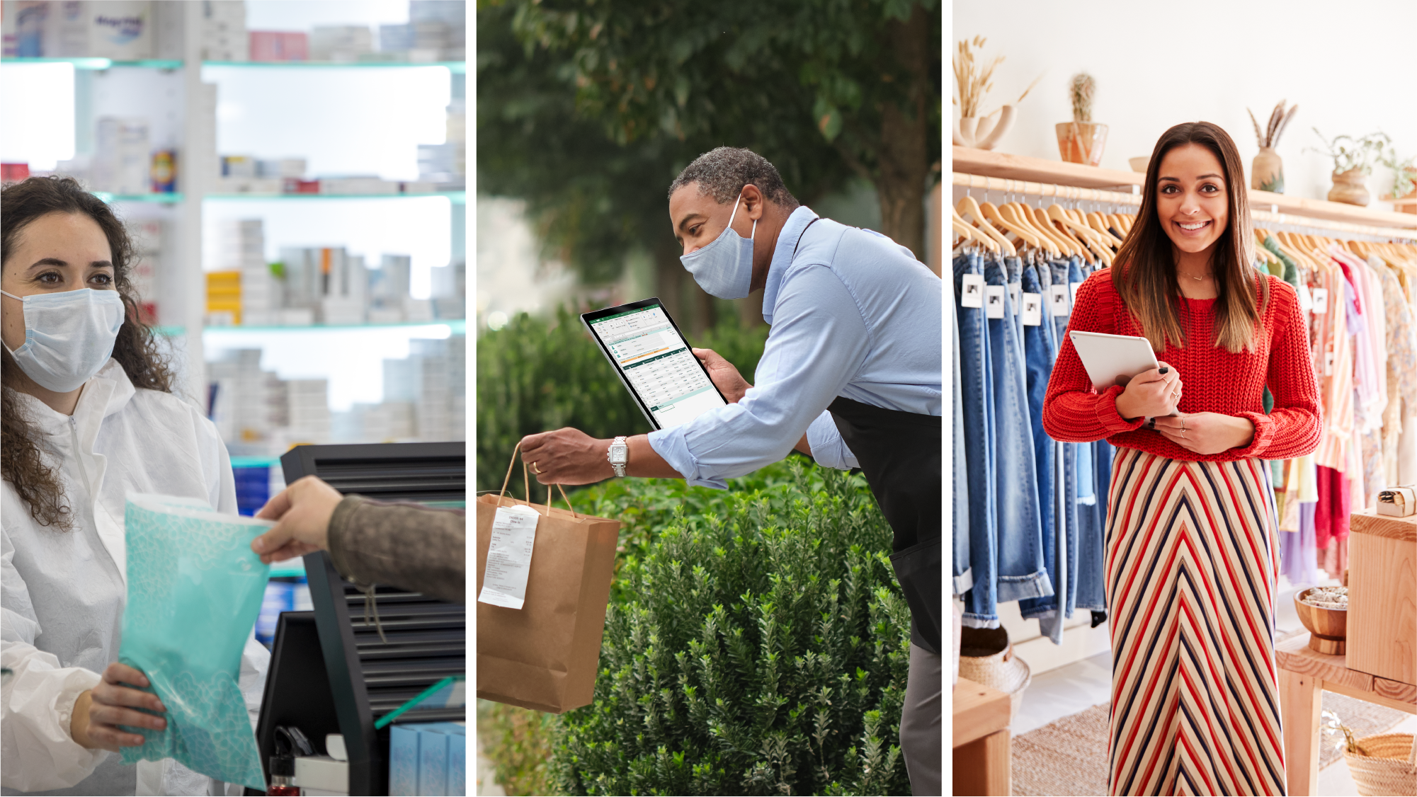 Three photos of people working in retail businesses