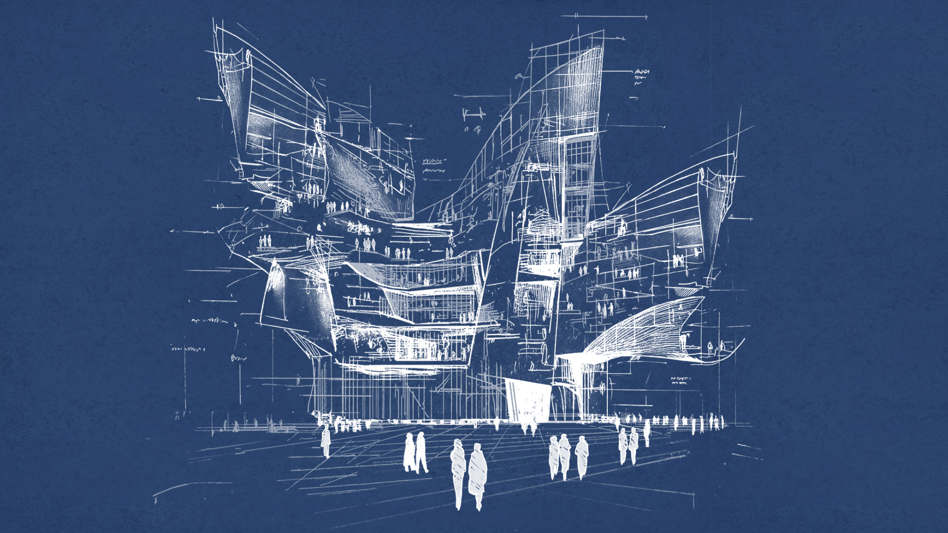 An artistic drawing of a future office building and people outside in white against a dark blue background.