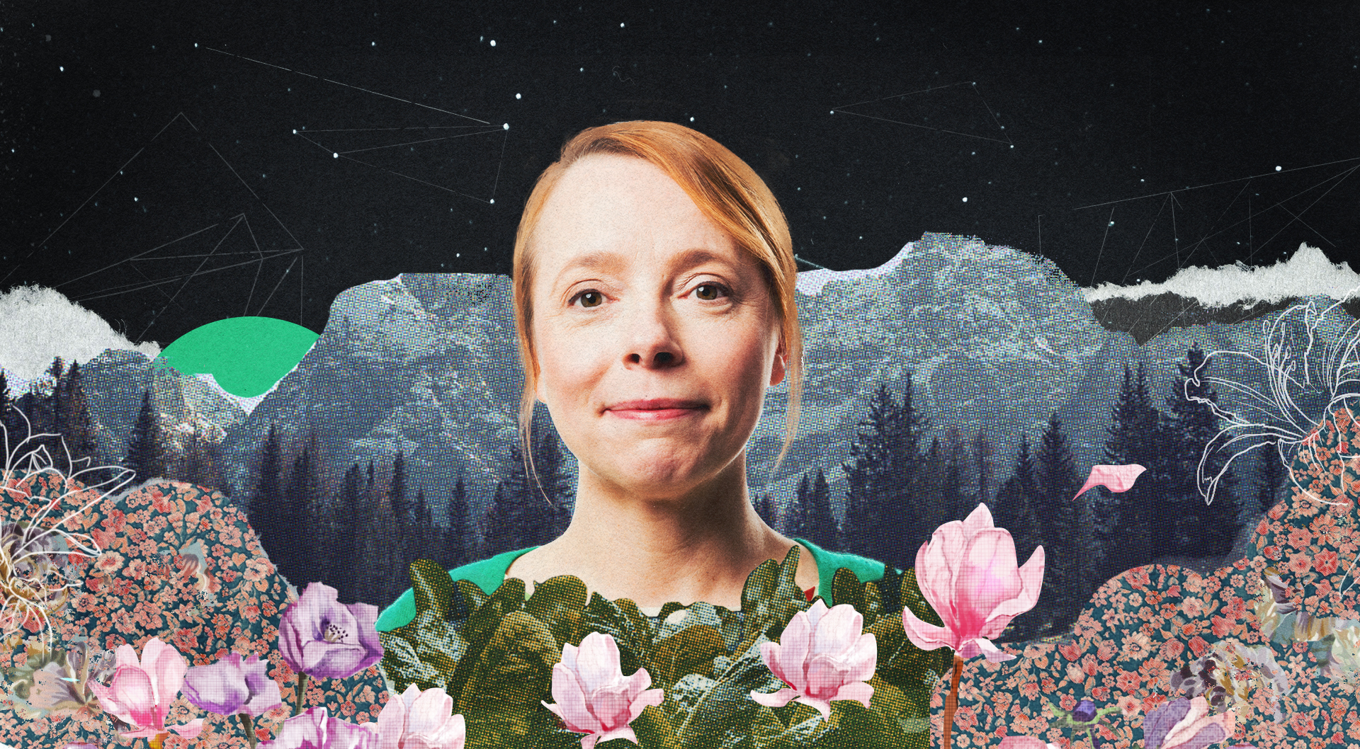 Researcher and fusionist Asta Roseway is pictured in an illustrated landscape featuring stylized flowers, a mountain range and a starry night sky