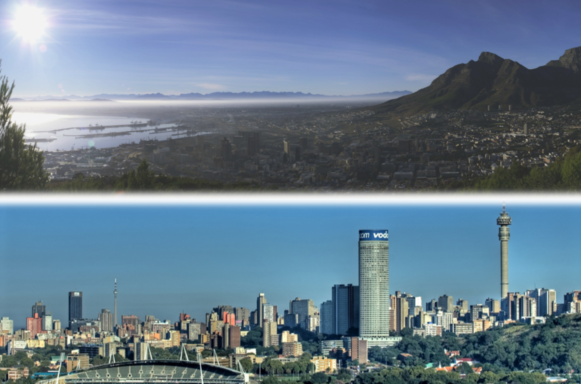 Split photo of shoreline in Capetown and city skyline in Johannesburg