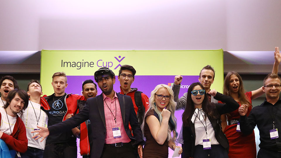 Photo of students and others smiling and celebrating at last year's Imagine Cup World Finals