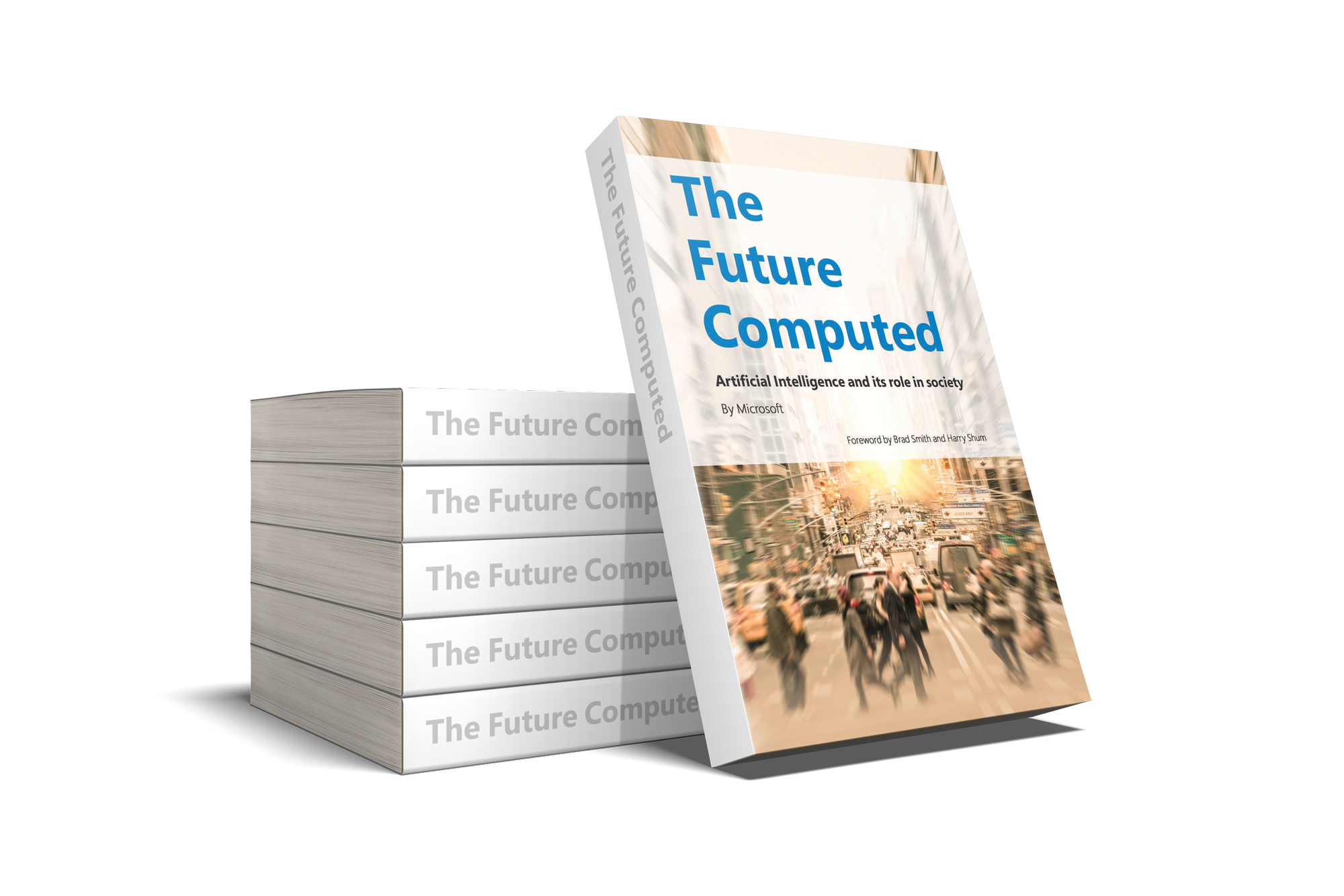 Photo of a stack of books entitled "The Future Computed"