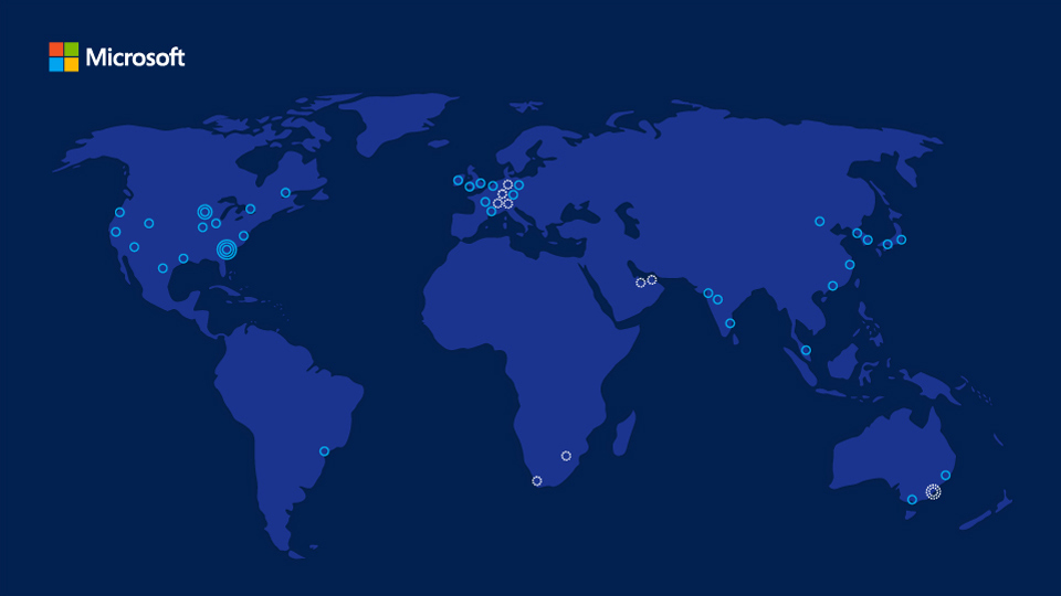 Map shows dozens of circles highlighting Microsoft's datacenters around the world