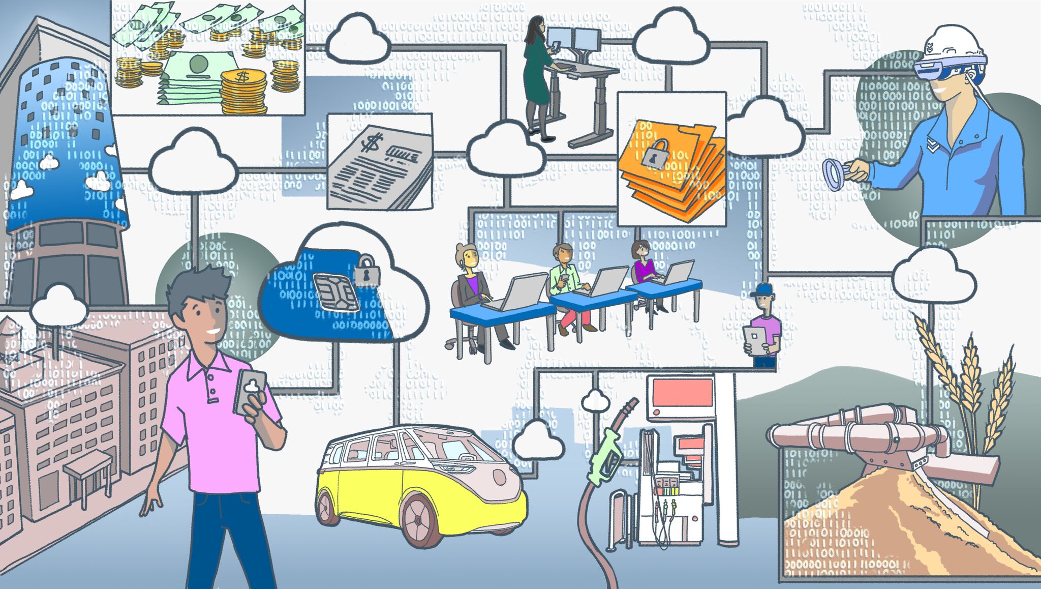 Illustration of various industries embracing technologies to drive innovation, including payment processing, connected cars, ride-hailing apps and facility management.
