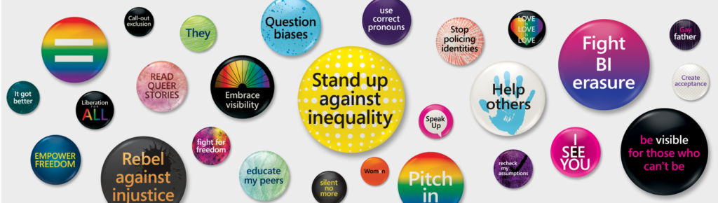 Several Pride-related buttons