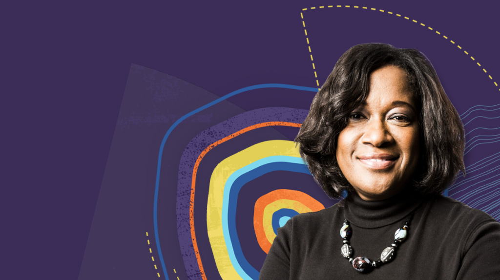 A picture of Microsoft Corporate Vice President and Chief Digital Officer, US, Jacky Wright against a purple backdrop with an abstract pattern made up of concentric circles and dotted lines in blues, purple, orange, and yellow.