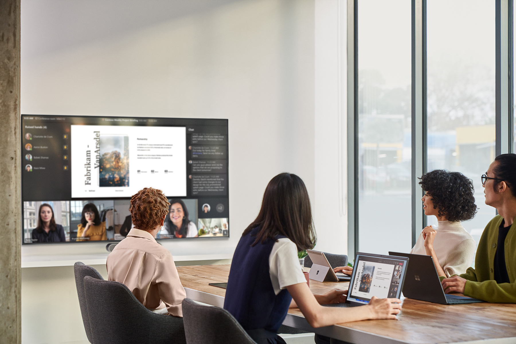 Remote attendees participate in a Microsoft Teams Room meeting