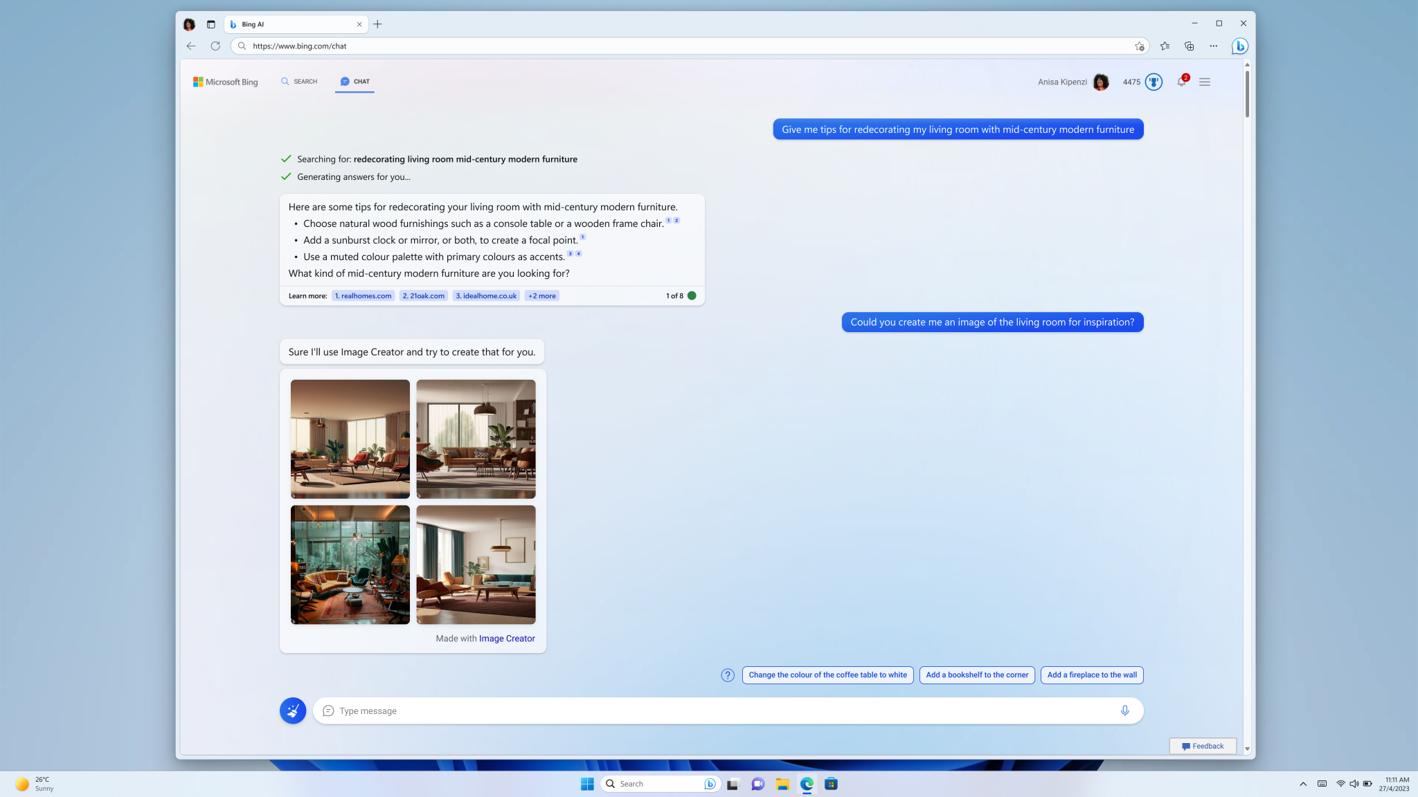 Experiencia de chat con Bing Image Creator
