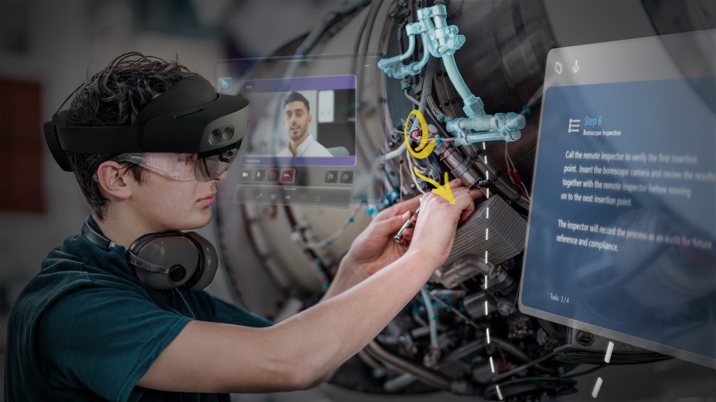Factory worker using HoloLens 2 to complete task