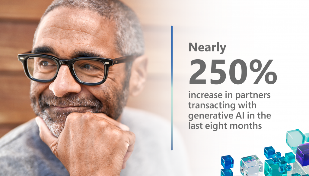 An infographic showing a thoughtful person alongside a statistic: nearly 250% increase in partners transacting with generative AI in the last eight months.