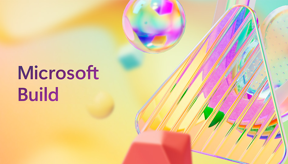 Microsoft Build header with colorful balls on a yellow background