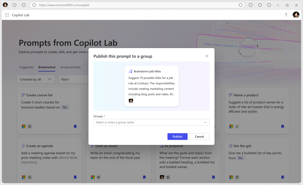 Screenshot of prompt publishing in Copilot Lab