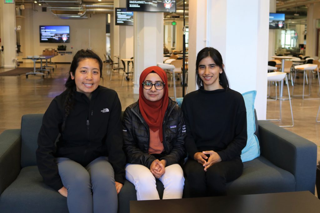 Edaena Salinas Jasso (right) interviews her Microsoft Bay Area colleagues Samiya Akhtar (middle) and Yvonne Radsmikham (left) from the Commercial Software Engineering team