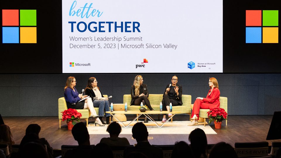 Cara Renfroe, Siroui Mushegian, Bethany Bongiorno, Teuila Hanson, and Katy Brown on stage at the Better Together Leadership Summit.