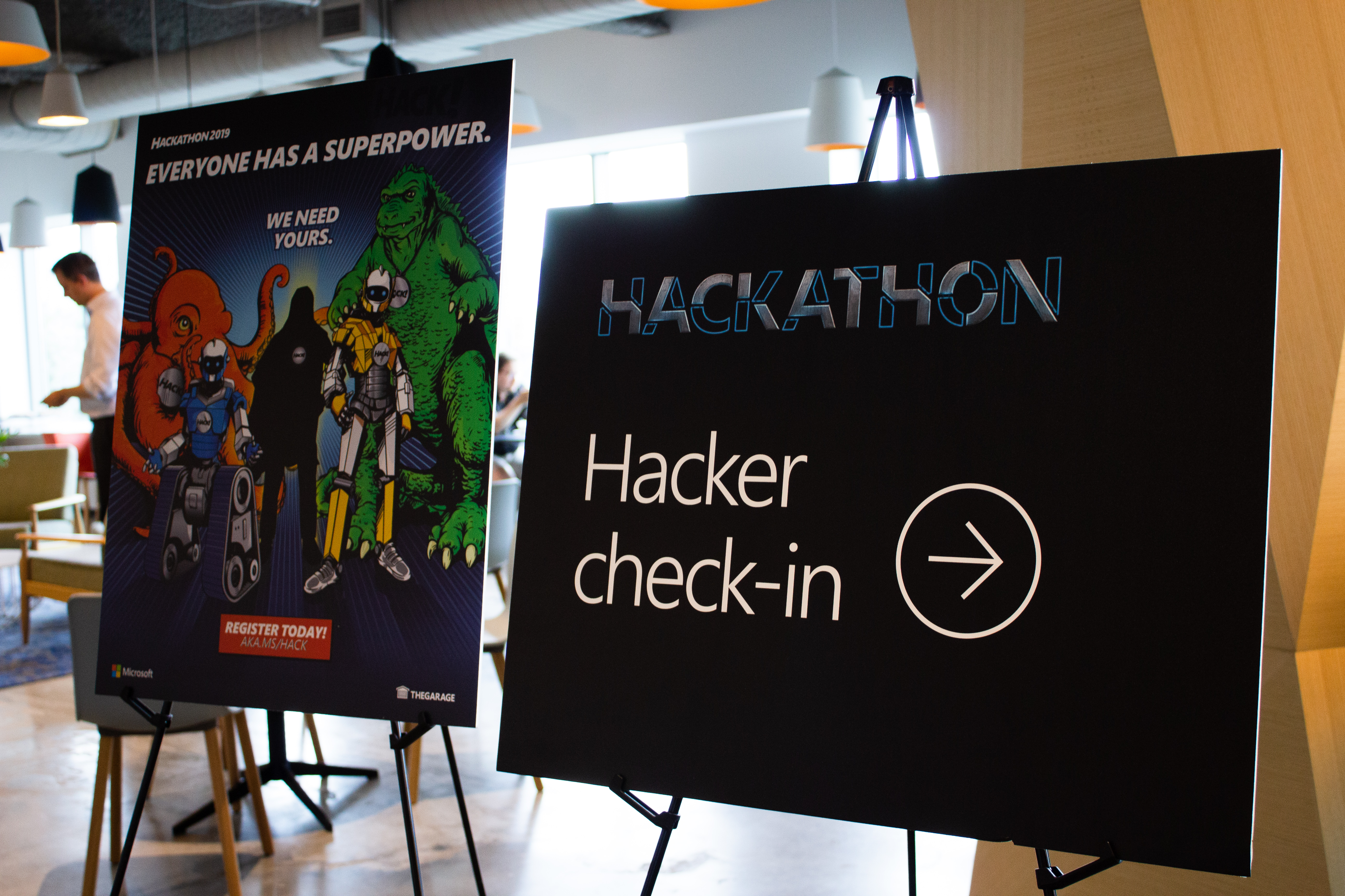 A sign welcoming hackers to Microsoft's Hackathon