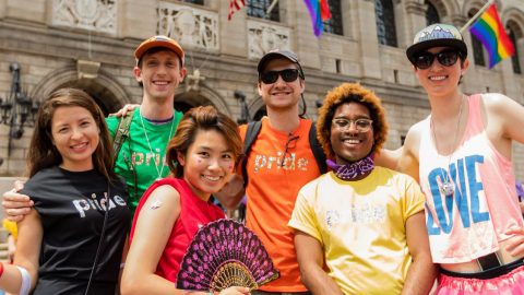 Throwback photo of six Microsoft New England employees at Boston Pride 2019