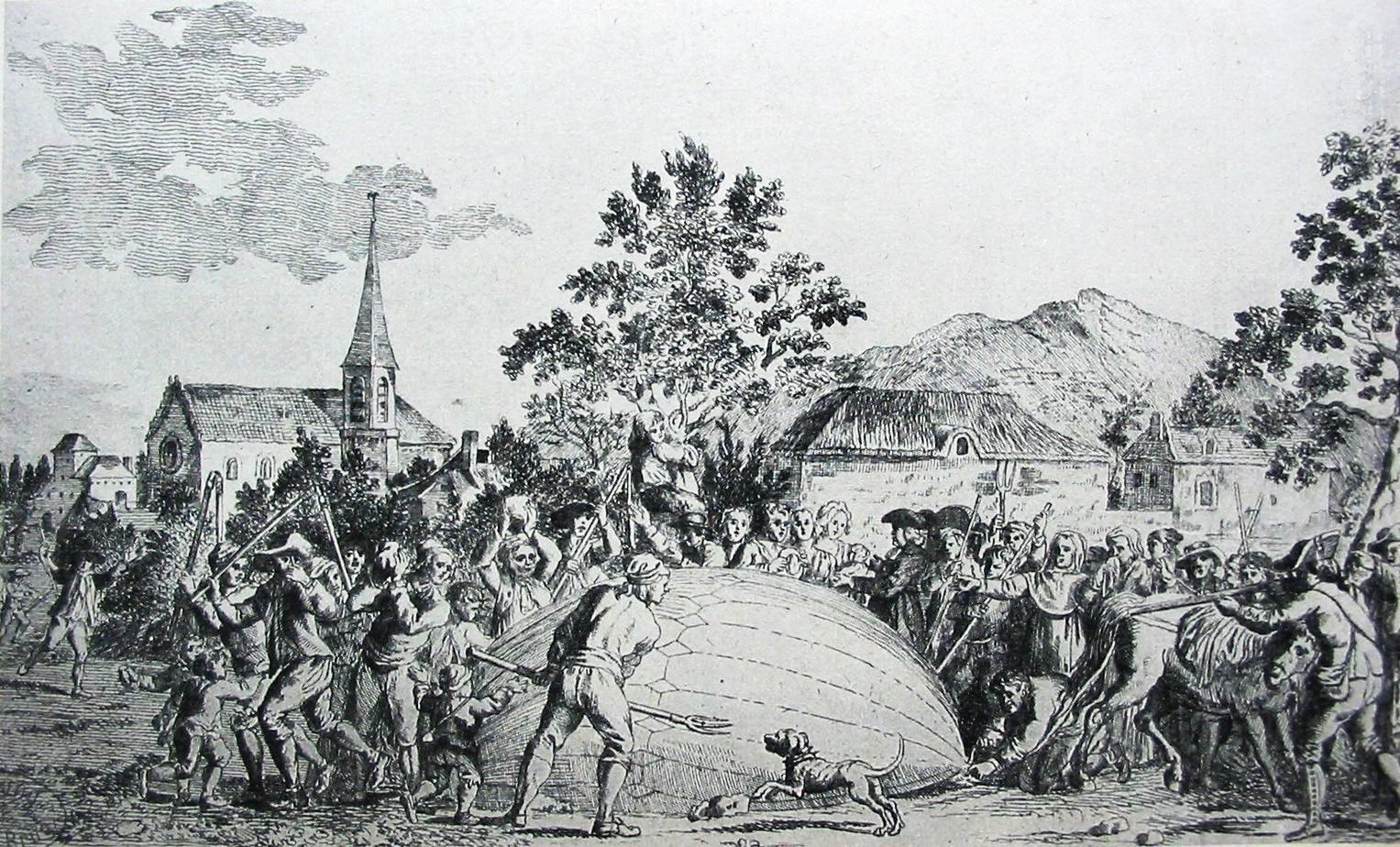 French farmers attacking hot air balloon