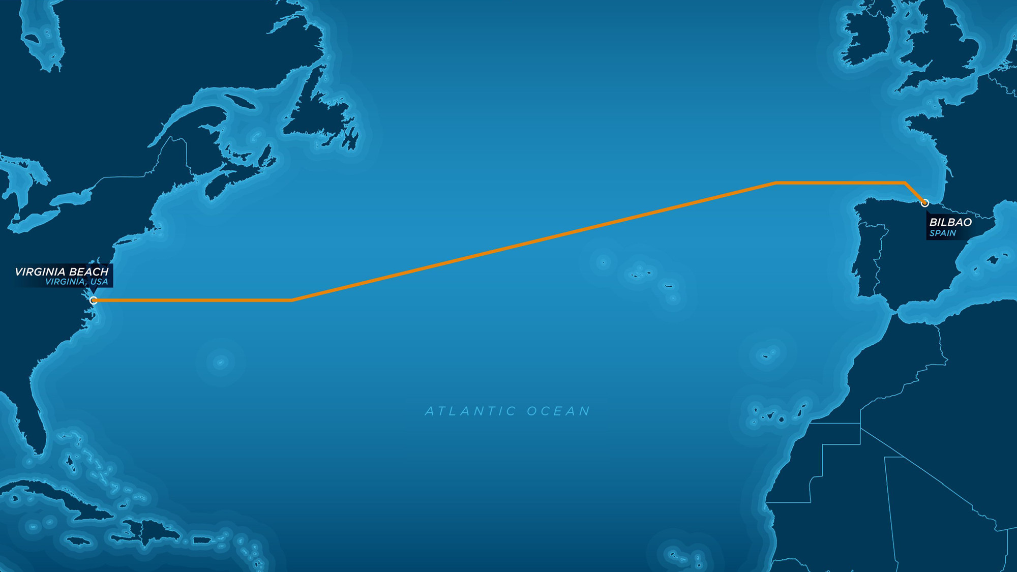 Map of Marea cable path across Atlantic Ocean