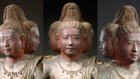 Three-panel image of Buddha