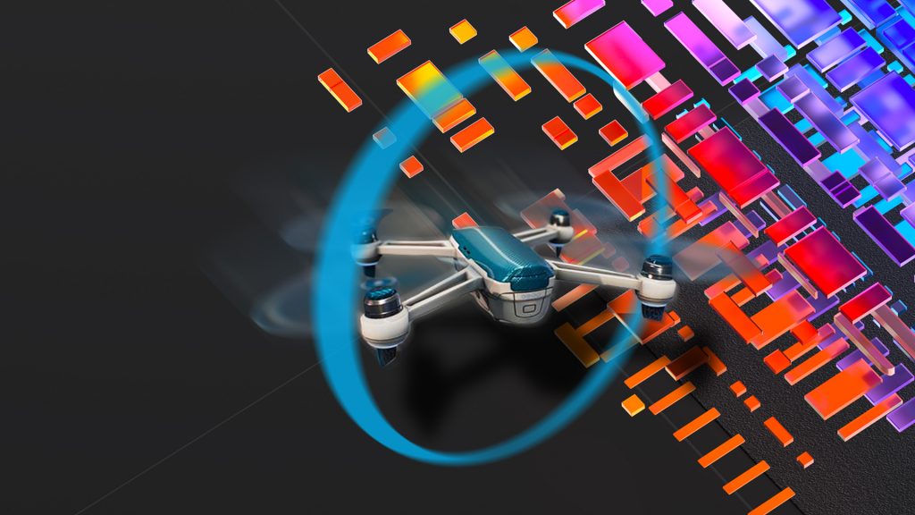 A colorful background with a drone in the foreground