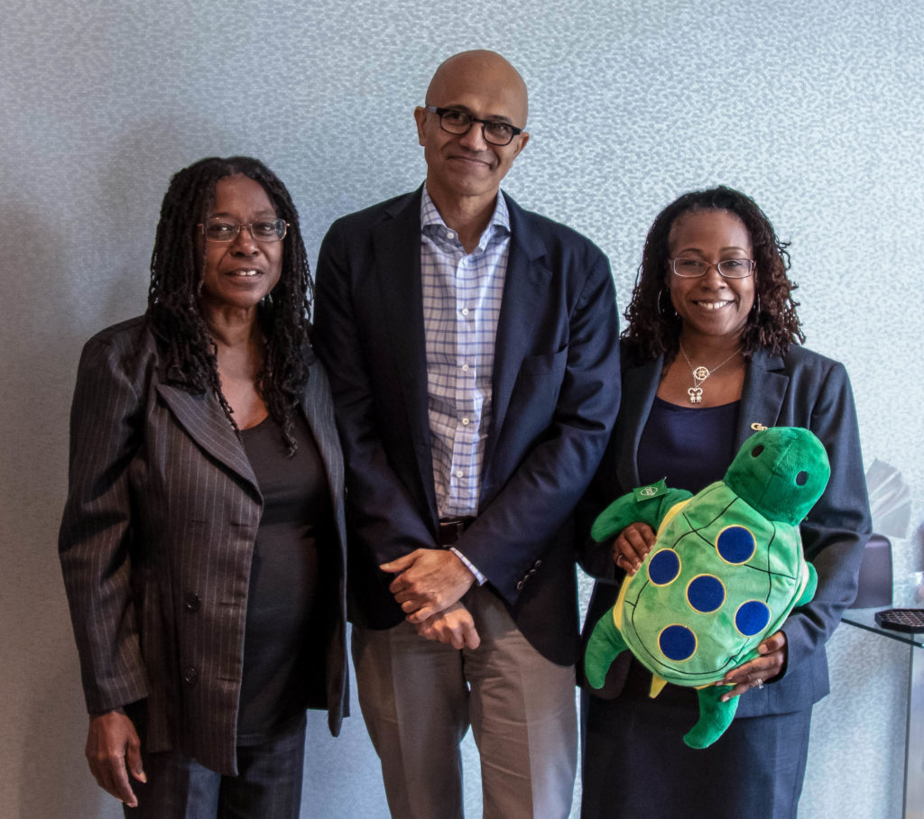 Zyrobotics CEO Dr. Johnetta MacCalla and CTO Dr. Ayanna Howard alongside Microsoft CTO Satya Nadella