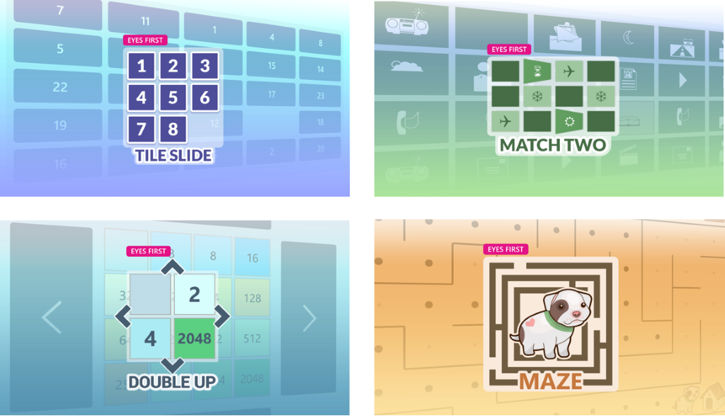Four tiles showing Eyes First games: Tile Slide, Match Two, Double Up, and Maze.