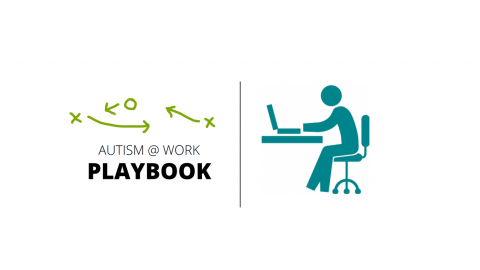 Autism at Work Playbook logo and illustrative image of a person working at their desk with a computer