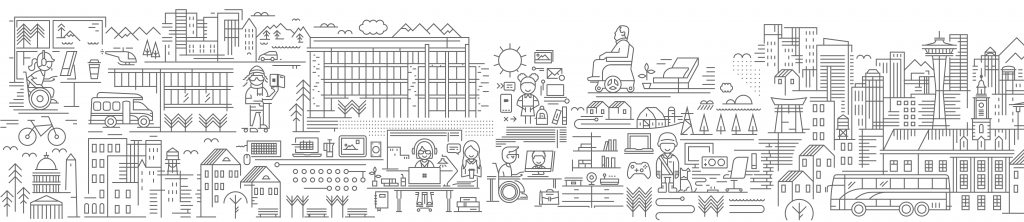 Microsoft Inclusive Design line drawing mural. It is an extensive and complex illustration of many illustrated characters. 