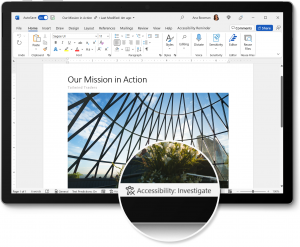 Microsoft Word editing window showing a document with low text contrast in one section. A zoomed-in piece of the screen shows the “Accessibility: Investigate” indicator.