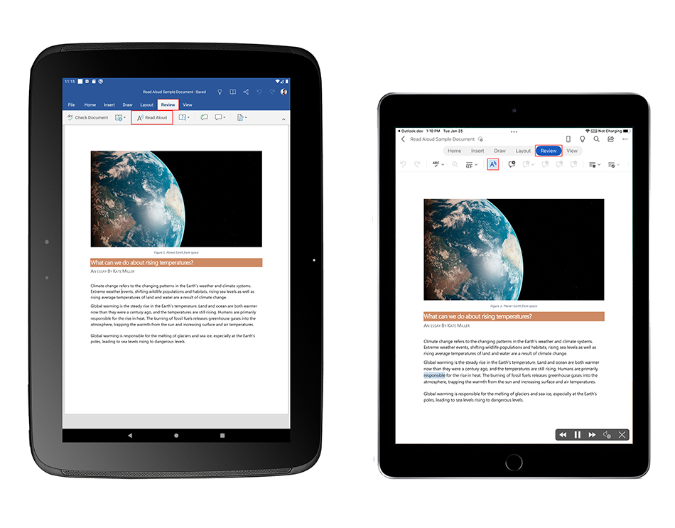Android tablet and iPad showing Word app with Read Aloud feature highlighted