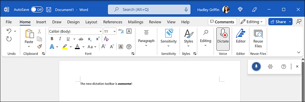 Word description showing new Dication toolbar