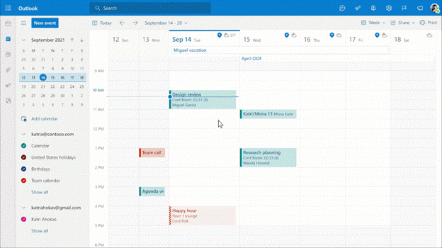 A view of an Outlook calendar